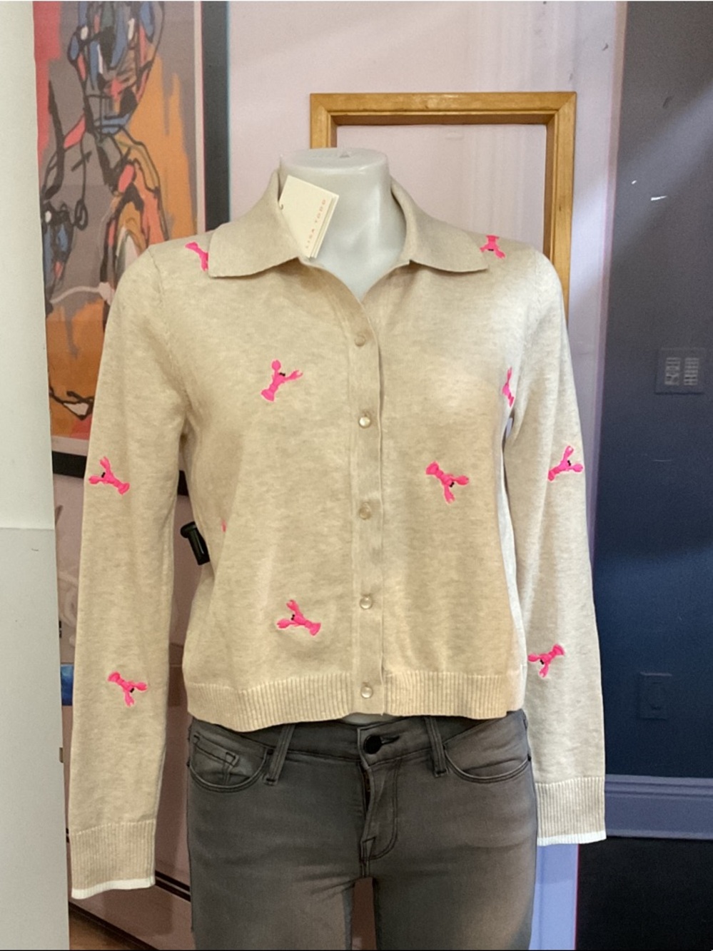 Lisa Todd Beige Knit Collared Cardigan with Pink Embroidered Accents